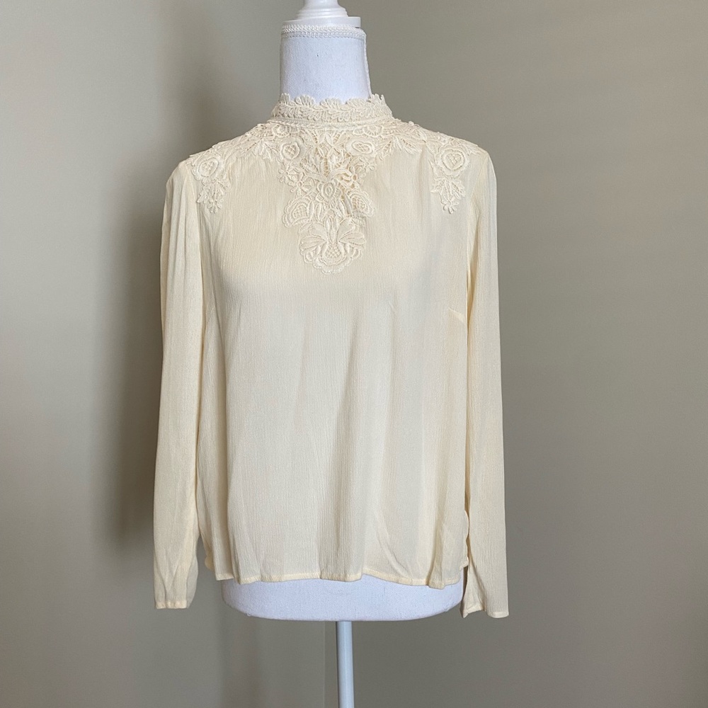Cream, Long-Sleeve Blouse with Lace Detailing and High Neck
